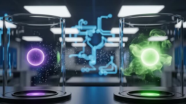 Quantum Teleportation: Particle Transfer - A digital video depicts quantum teleportation, showing a purple particle dematerializing in one glass container and reappearing as a green particle in