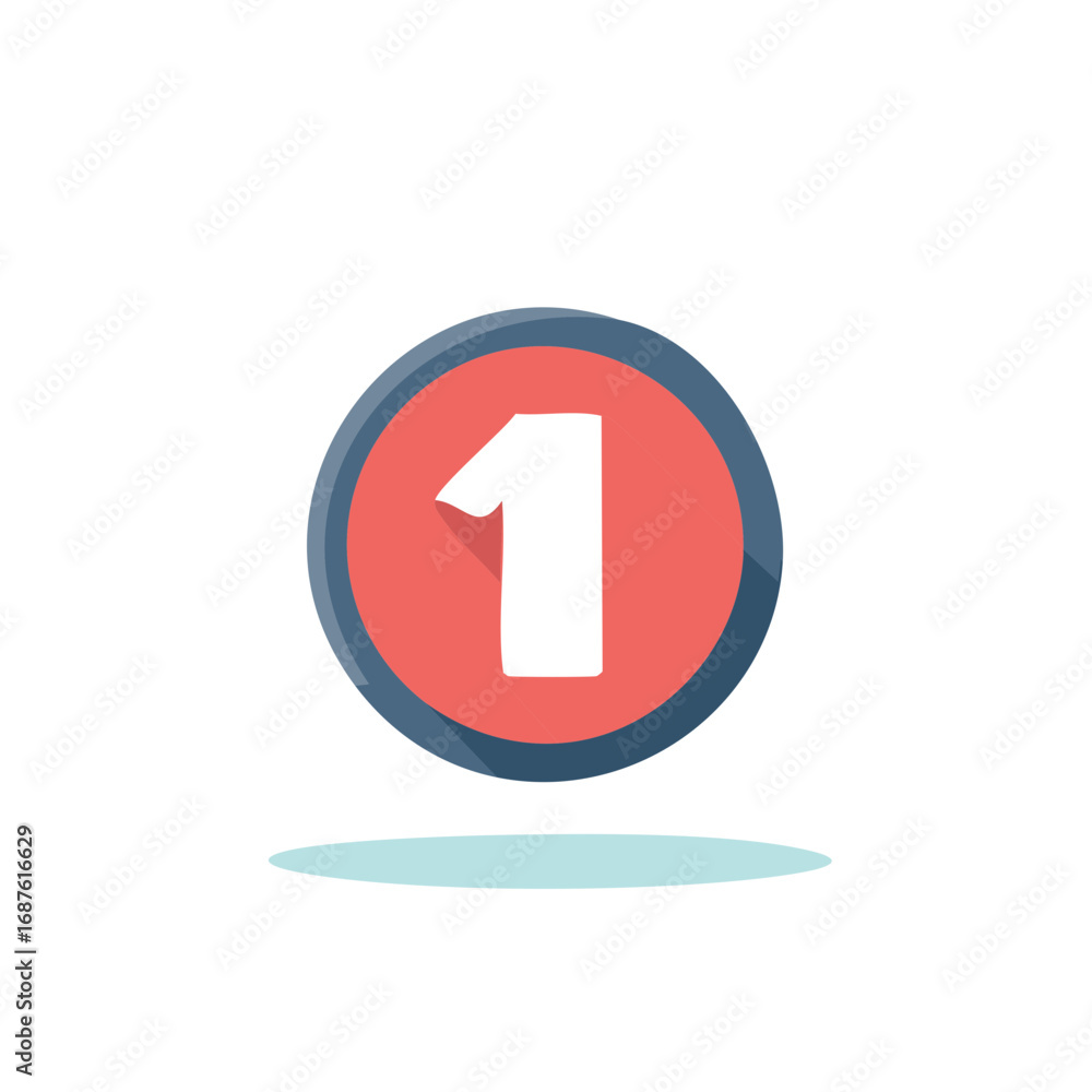 Poster red circle with white number one icon in modern flat design style featuring long shadow effect
