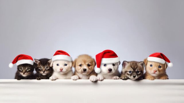 Cute puppies and kittens wearing Santa hats celebrate the holiday season joyfully in a festive display