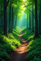 Obraz premium A winding, uphill path through a lush forest symbolizes the long and sometimes challenging journey of patience, persistence, and self-improvement , endurance, faith, overcoming