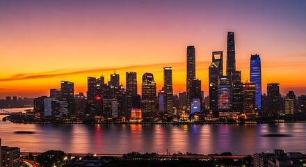 Fototapeta premium City skyline illuminated at dusk with vibrant lights reflecting on water