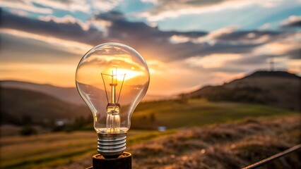 Light bulb reflecting sunset over rolling hills