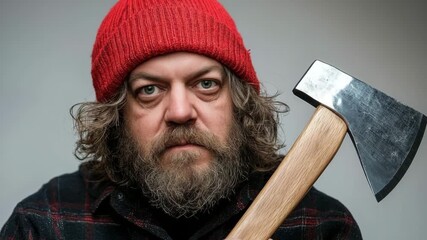 Portrait of a man with an axe wearing a red beanie, reflecting on his tool and its significance in forestry