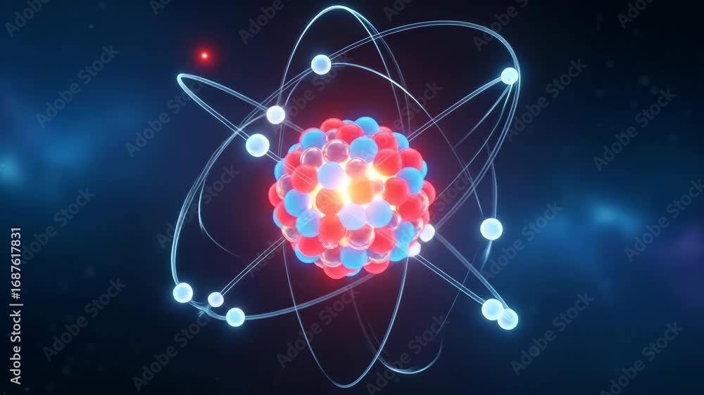 Poster glowing atom nucleus and orbit - a digital video of an atom's structure, showcasing a luminous nucle