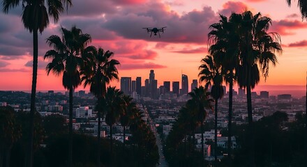 A vibrant sunset view of Los Angeles city skyline, framed by towering palm trees, showcasing a drone in the sky.