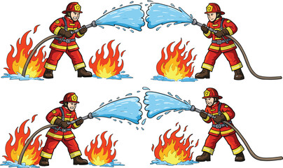 Firefighters cartoon set, spraying water, extinguishing flames, fire safety, rescue, emergency, teamwork, hose, action, bravery, danger, protection, hero