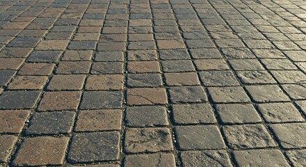 Cobblestone pavement, reddish brown and dark gray stones, close-up perspective.