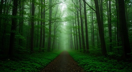 Obraz premium A misty forest path winds through a dense canopy of emerald trees, bathed in soft light.