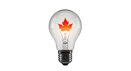 Bright light bulb with a vibrant red maple leaf inside, symbolizing Canadian innovation, autumn ideas, and natural energy solutions. Ideal for fall marketing campaigns, educational content,