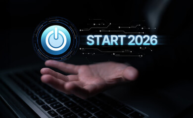 Start 2025 concept with futuristic power button symbolizing fresh beginnings, innovation, and...