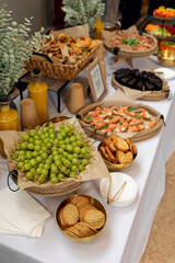 Elegant catering buffet displaying gourmet appetizers, fresh fruits, tempting desserts, and refreshing beverages for professional gatherings