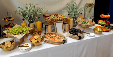 Delicious canapés, appetizers and finger food served on a buffet table during a catered event