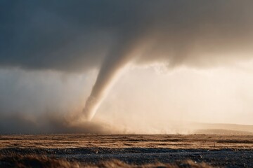 Fototapeta premium Whirling tornado stretches across open landscape under dramatic