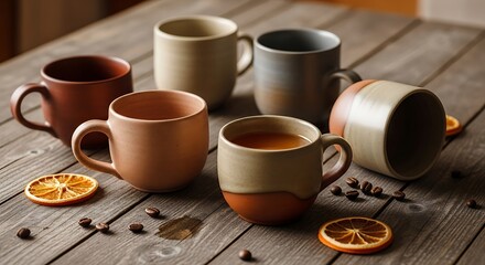 A collection of rustic ceramic mugs filled with coffee and decorated with dried orange slices and coffee beans