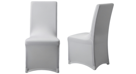 Two grey stretch fabric chair covers for event seating shown from front and side views.