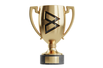 Shiny golden trophy with abstract logo signifies achievement and victory for champions and winners