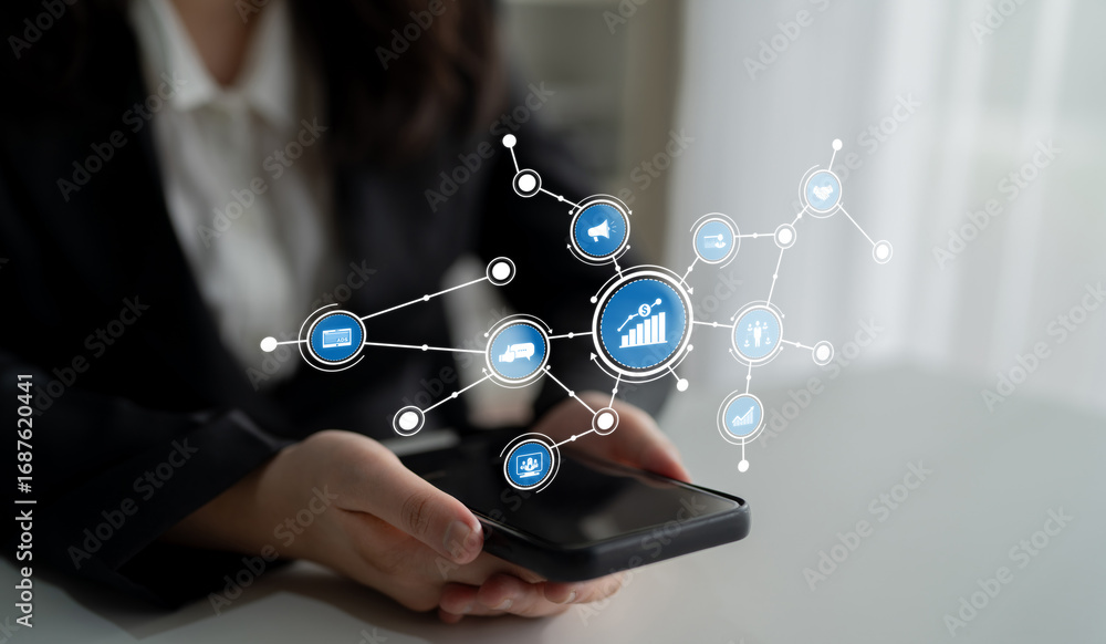 Poster a business professional interacts with a smartphone displaying digital data icons, symbolizing moder