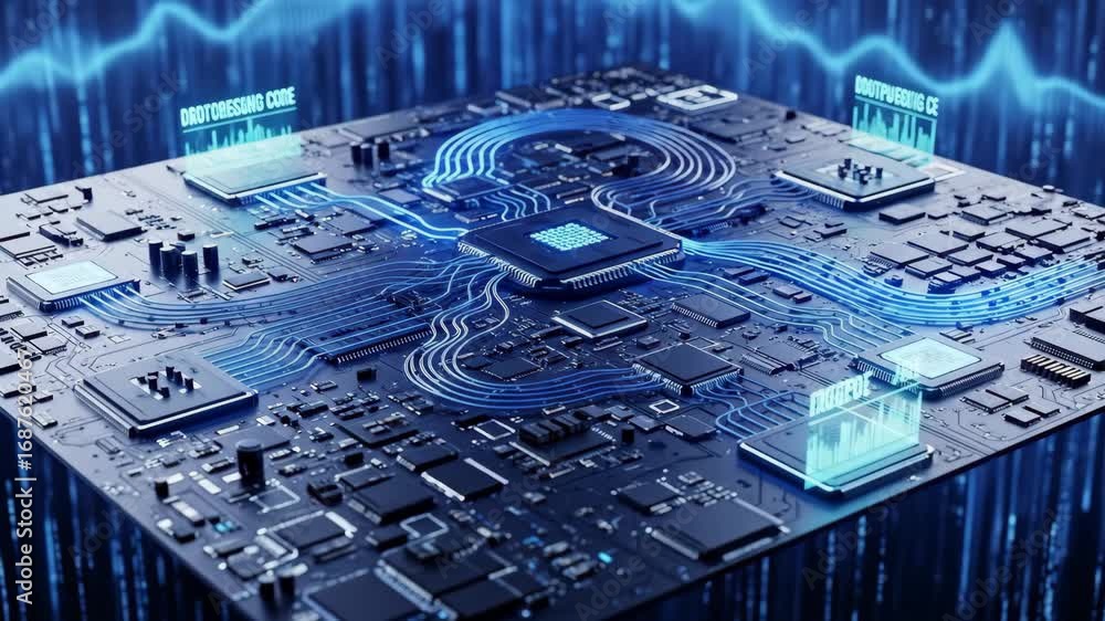 Poster innovative circuit board with data processing - a detailed close-up of a circuit board, showcasing i