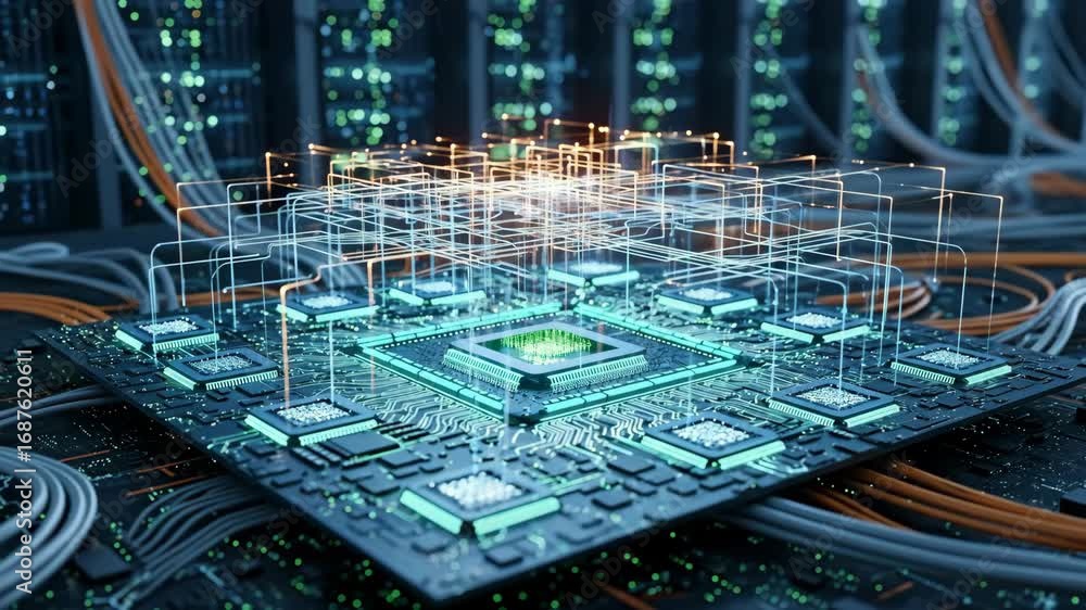 Poster futuristic big data server network - close-up view of a circuit board with multiple chips, interconn