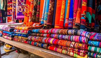 Vibrant textiles displayed on a market stall