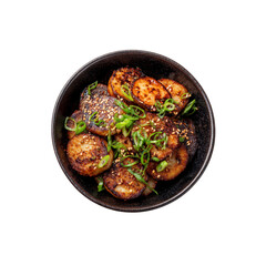 Fototapeta premium Pan-Seared Scallops with Sesame Seeds and Green Onions in a Dark Bowl