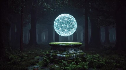Levitation sphere glowing above stone base in quiet forest. Mystical force and silent balance