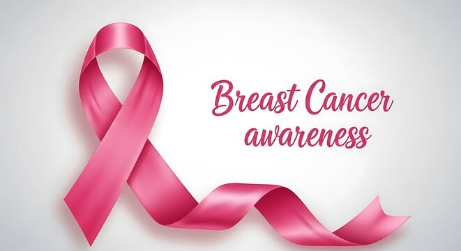 Pink breast cancer awareness ribbon on a light gray background