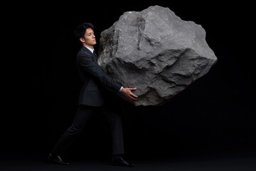 Young asian male in suit struggling to carry large gray boulder