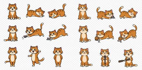 A collection of cute cartoon ginger cat characters depicted in various poses and actions, including playing with toys, sitting, and standing.