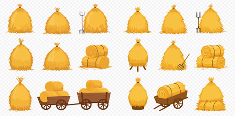 A cartoon collection of various golden haystacks, round bales, and farming tools like pitchforks and shovels, set against a transparent background.