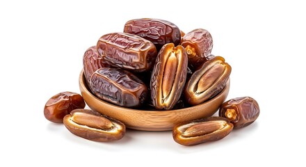 Obraz premium A pile of ripe dates in a wooden bowl, isolated on white background