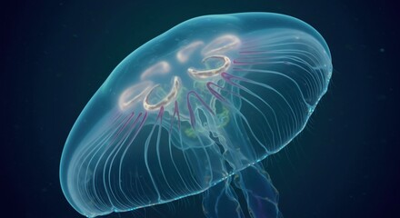Close-up view of a translucent jellyfish with intricate internal structures, floating in dark water.