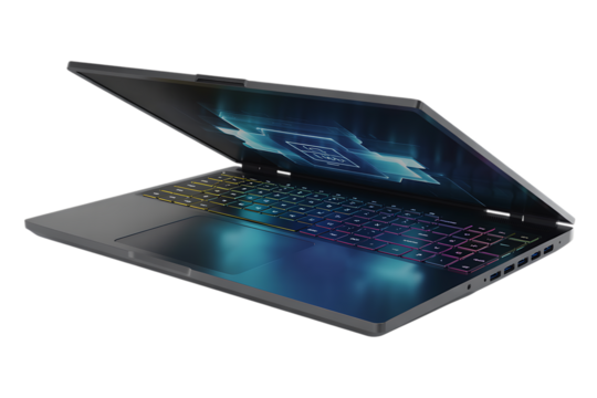 Sleek modern laptop with vibrant RGB keyboard and futuristic screen displays glowing abstract art