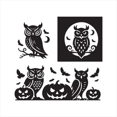 halloween owls vector silhouette sketch art logo illustration