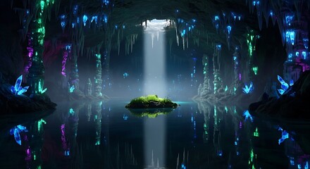Mystical cave with glowing crystals and a serene island in a tranquil underground lake