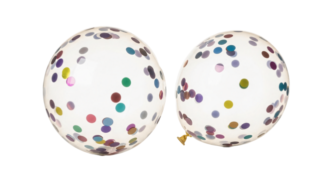 Two Clear Balloons Filled with Colorful Confetti on White Background.