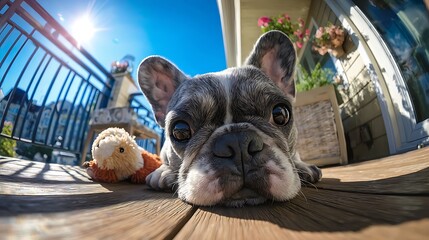 Close up of a french bulldog puppy lying on a wooden deck with a stuffed animal toy beside it