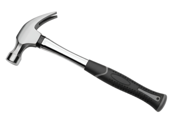 A metallic claw hammer with a dark gray rubber handle is presented against a black background.