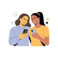 Two Young Women with Smartphones Vector Illustration Friends Using Mobile Apps and Chatting Online