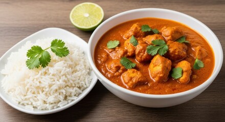 Delicious Chicken Tikka Masala with Basmati Rice and Lime Wedge