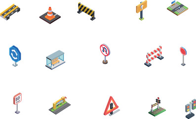 Isometric 3D Traffic and Road Elements Icon Set