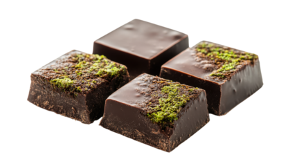 Exquisite Dark Chocolate Squares with Green Topping on a Transparent Background Decadent Confectionery