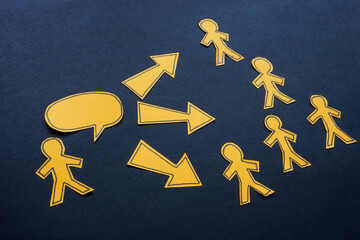 Social media influence and marketing communication. Paper speech bubble with arrows.