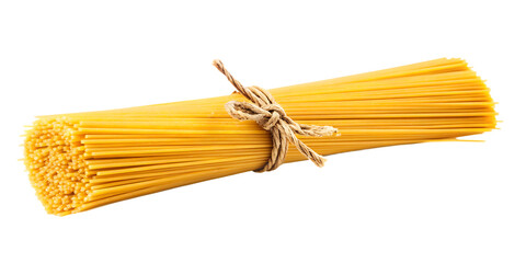 Bundle of uncooked spaghetti pasta tied with twine isolated on a transparent background 1