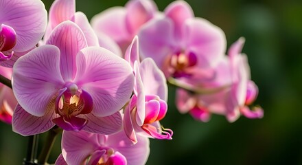 Beautiful pink orchids with vibrant purple centers and green foliage