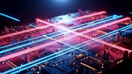 Futuristic circuit board animation with neon light trails for tech innovation - Powered by Adobe