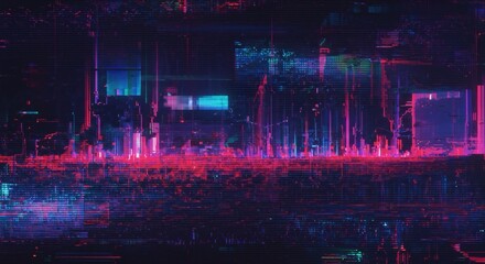 Abstract digital cityscape with vibrant neon pink and blue lights, evoking a futuristic, cyberpunk aesthetic.