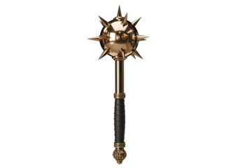A golden, spiked ball mace with a dark handle is highlighted against a black backdrop.