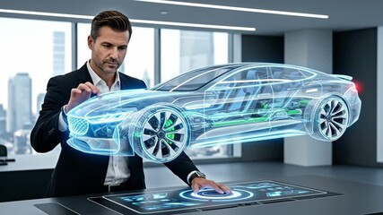 Engineer Designing Electric Car Hologram - A male engineer in a suit interacts with a holographic 3D model of an electric car, displayed on a futuristic digital interface. - Powered by Adobe