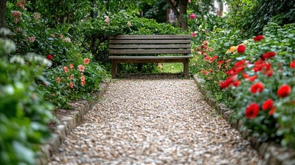 Obraz premium Wooden bench in a flower-filled garden path